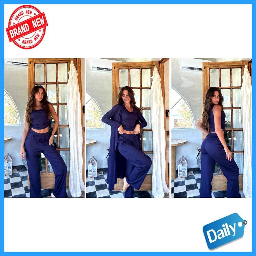 3 Piece Lounge Set Long Sleeve Cardigan Crop Top Pants S-XXL - Picture 5 of 7
